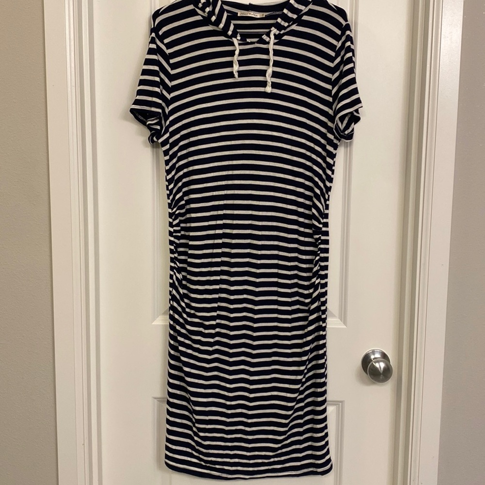 MATERNITY Navy/White Striped Hooded Midi Dress Size XL